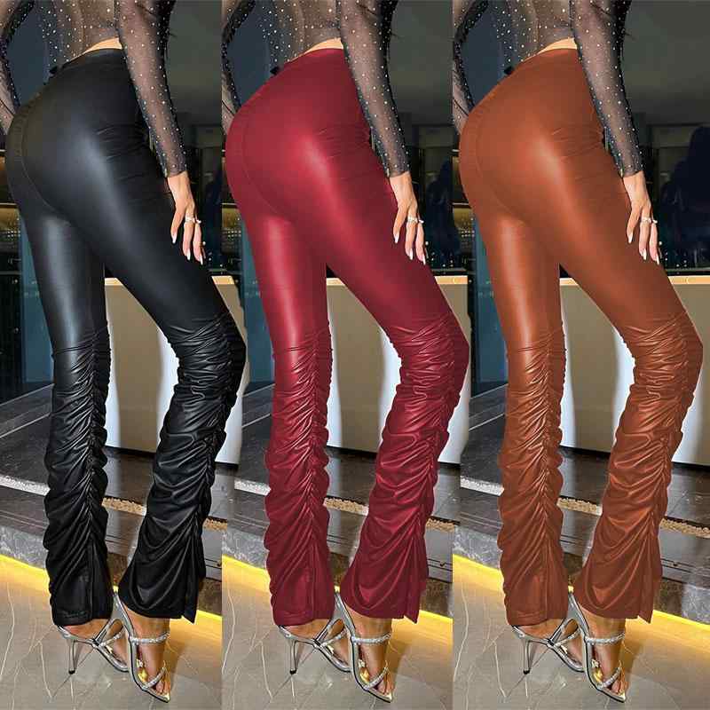 レディース 秋 カジュアル ボトムス 女性 アメリカ アウターウェア パイル ハイウエスト PU レザー 優雅 タイト ターン バック