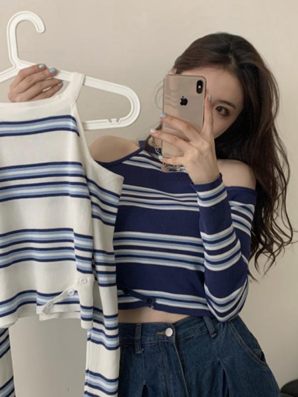 シャツ レディース 長袖 ホルターネック オフショルダー ストライプ セーター スリムフィット オータム フィット ショート カード ウエスト ホット ガール ショルダー カット トップス