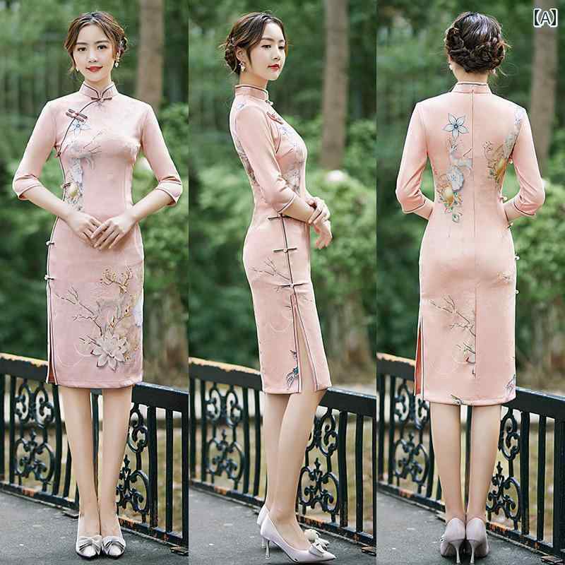 ドレス 秋 冬 チャイナ 美しい 撮影 衣装 スエード スリム チャイナ 若々しい 中華風 七分袖 ミドル丈 女性