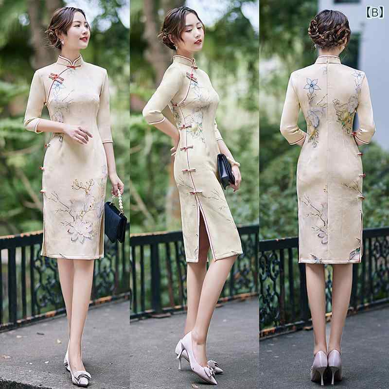 ドレス 秋 冬 チャイナ 美しい 撮影 衣装 スエード スリム チャイナ 若々しい 中華風 七分袖 ミドル丈 女性