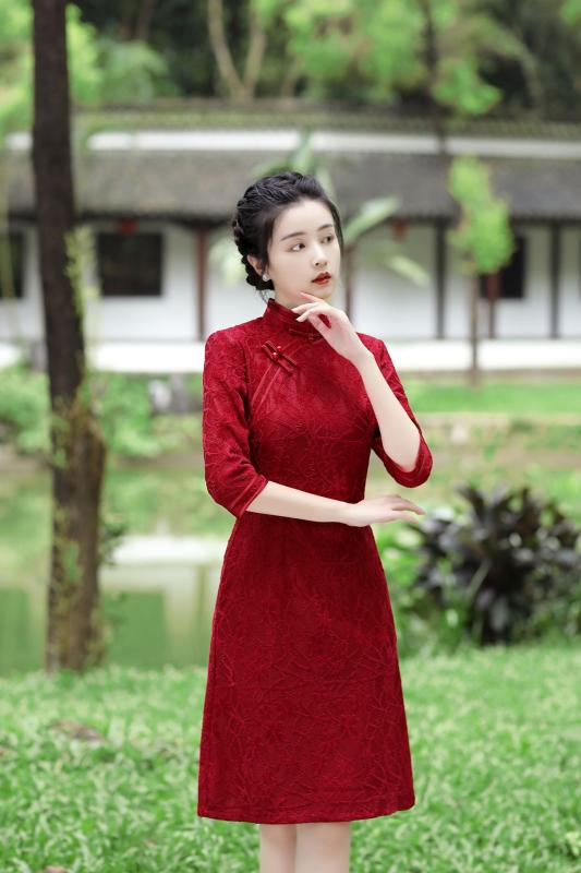 ドレス 秋 冬 チャイナ 美しい 撮影 衣装 中華風 レース デイリー レッド 若々しい ミディアム 丈 スリム チャイナ