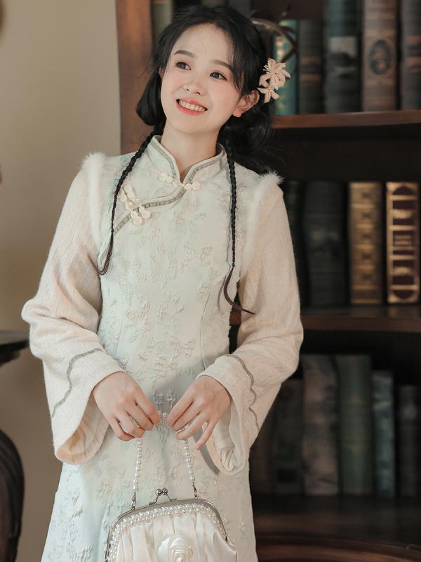 ドレス 冬 長袖 ウール チャイナ 美しい 撮影 衣装 レトロ 中華風 ジャカード スプライシング チャイナ..