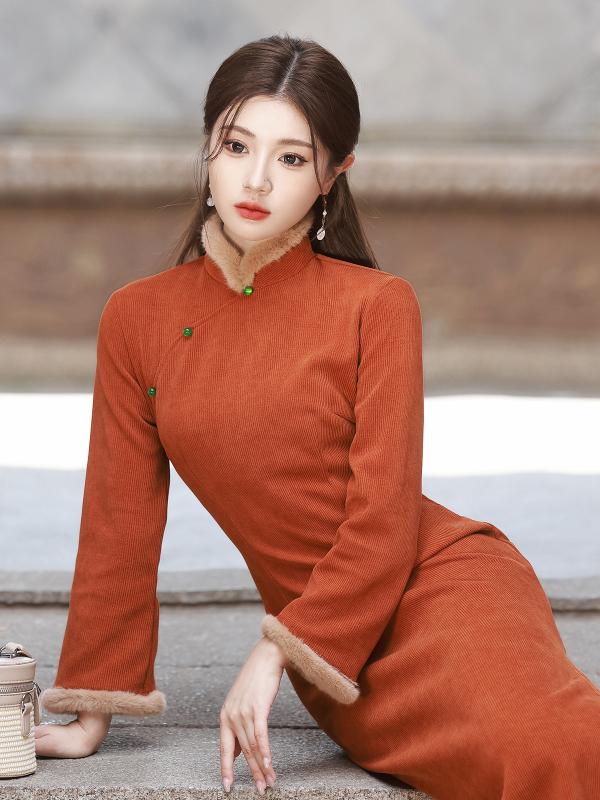 ドレス レディース 冬 長袖 チャイナ 美しい 撮影 衣装 若くて エレガント シェニール ファー 襟 チャイナ デイリー