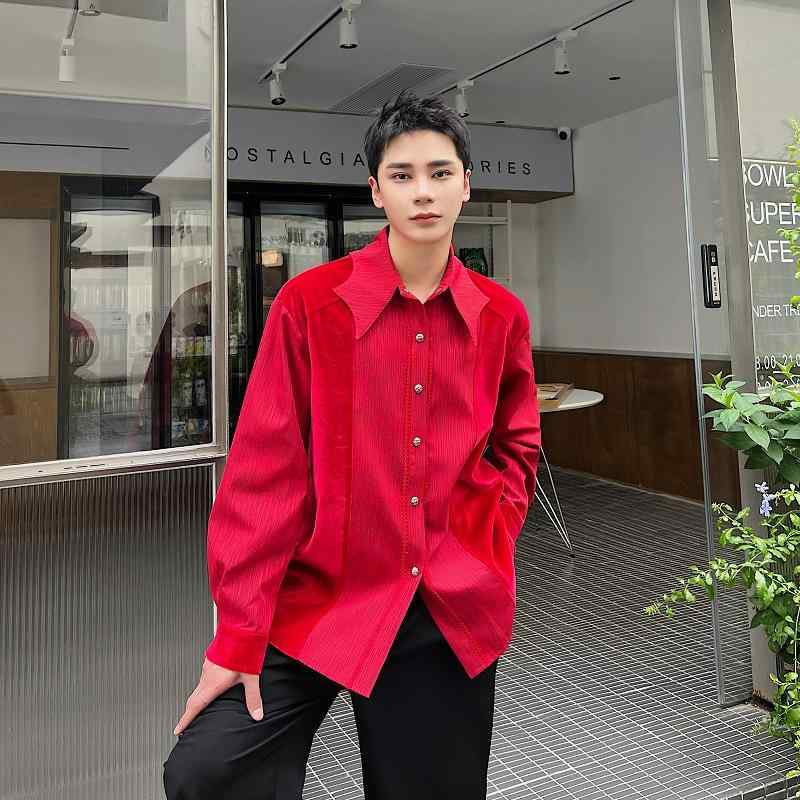 シャツ メンズ 秋 春 長袖 トップス おしゃれ ベルベット スプライシング ハイエンド レトロ 宮殿 赤い