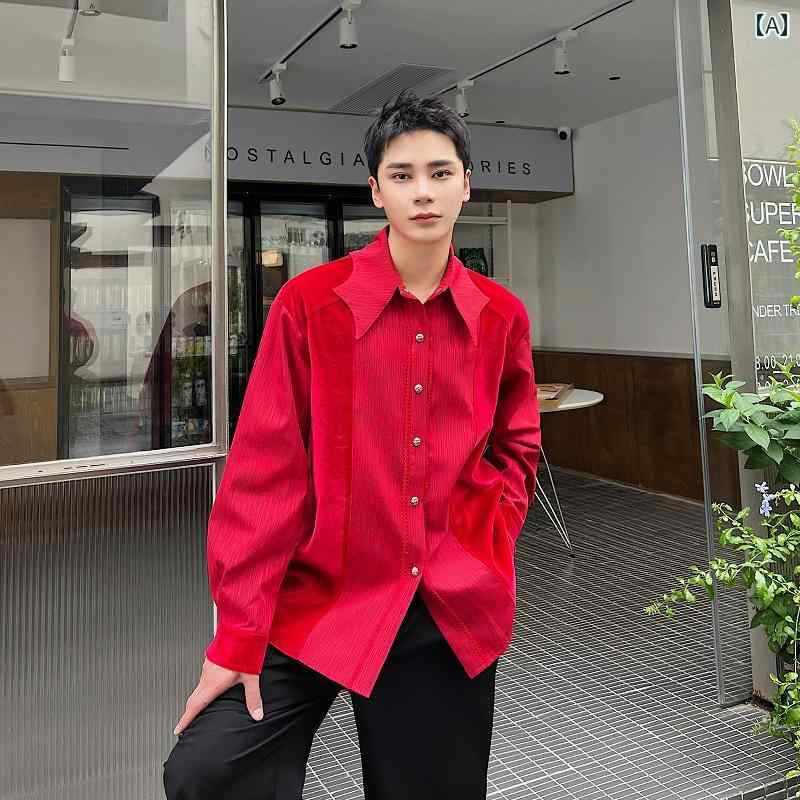 シャツ メンズ 秋 春 長袖 トップス おしゃれ ベルベット スプライシング ハイエンド レトロ 宮殿 赤い