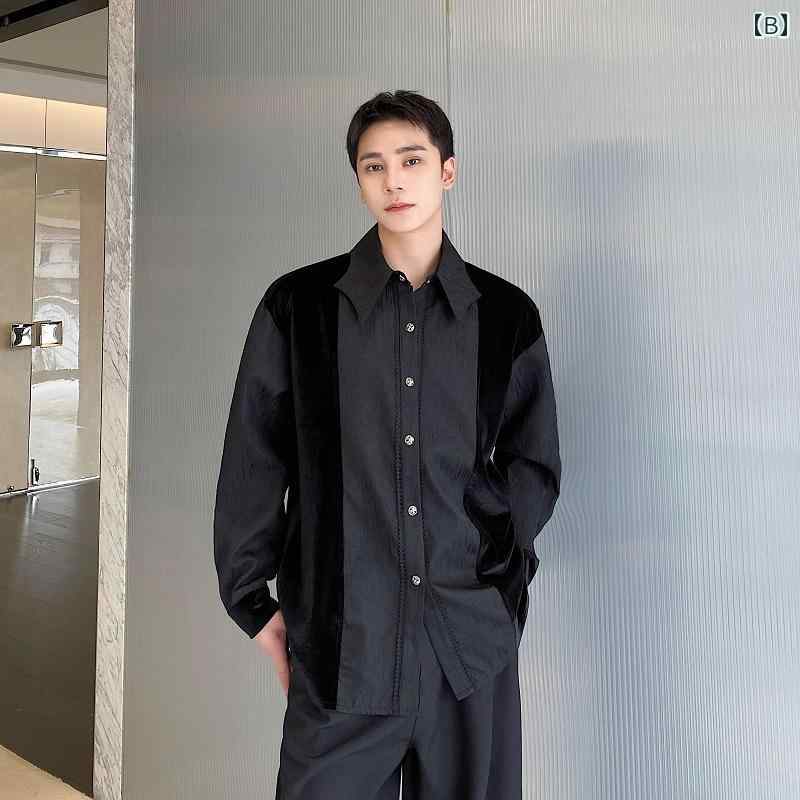 シャツ メンズ 秋 春 長袖 トップス おしゃれ ベルベット スプライシング ハイエンド レトロ 宮殿 赤い