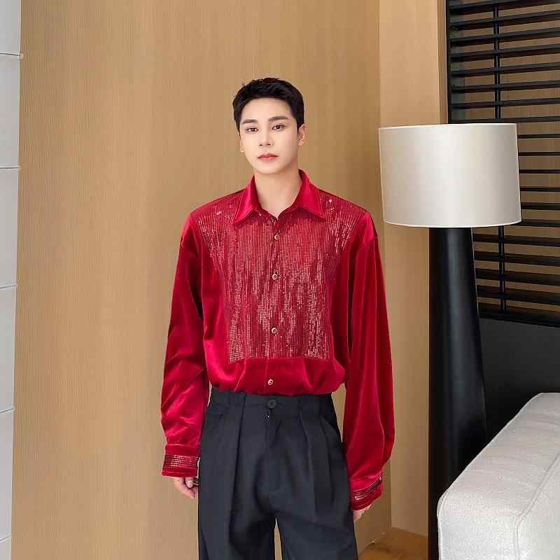 シャツ メンズ 秋 長袖 ゴールド ベルベット スパンコール ラインストーン ボタン レトロ 宮殿 パフォ..