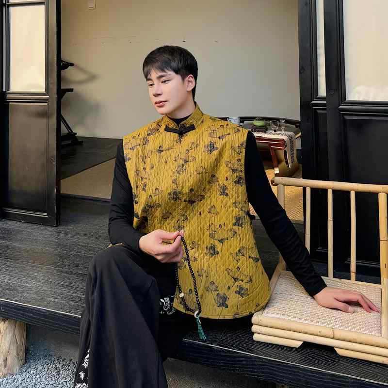 メンズ 冬 中華風 キルティング ベスト ハイエンド レトロ 国民 スタンドカラー プレート バックル 厚..