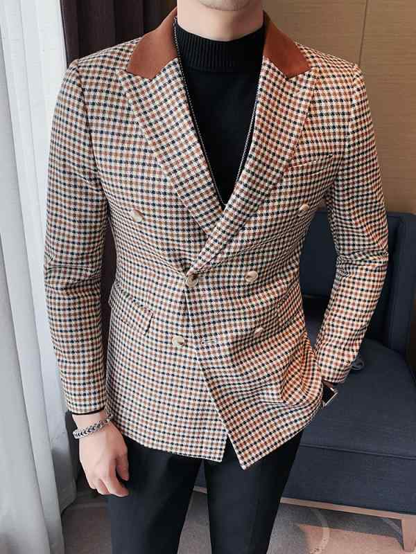 メンズ 秋 冬 カジュアル ダブルブレスト チェック柄 ブレザー ハイエンド スーツ トップス 英国 スリム ステッチ シングル スーツ