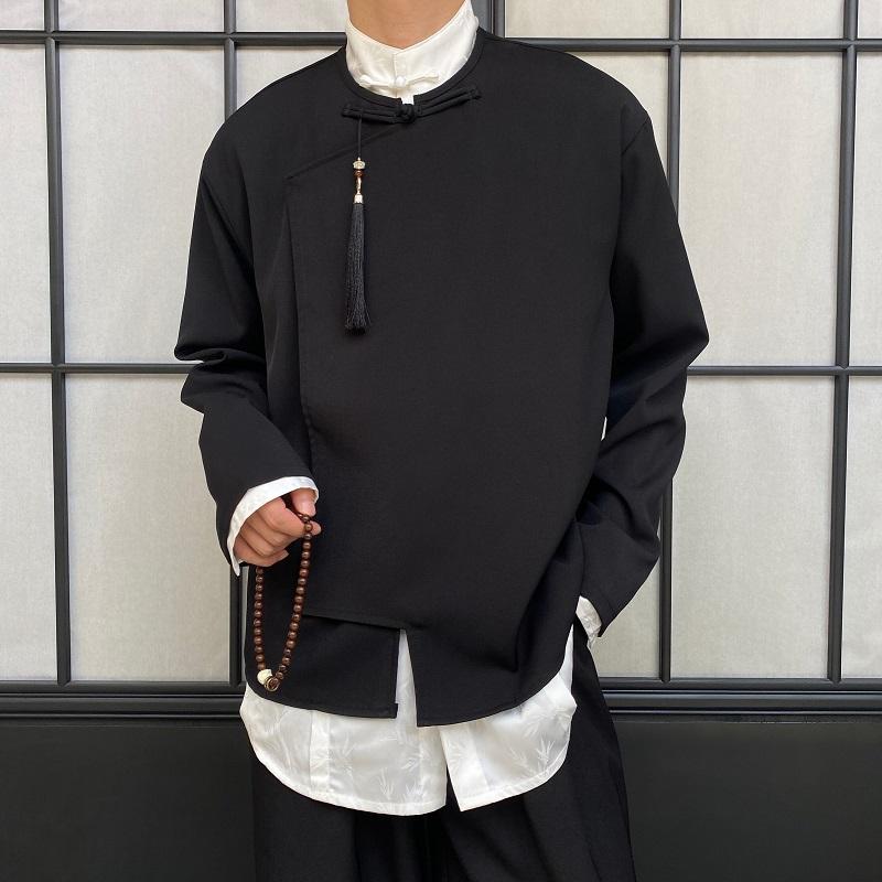 シャツ メンズ 長袖 トップス おしゃれ 中華風 ボタン ダウン タッセル ラウンドネック ハイエンド レトロ 瞑想 黒