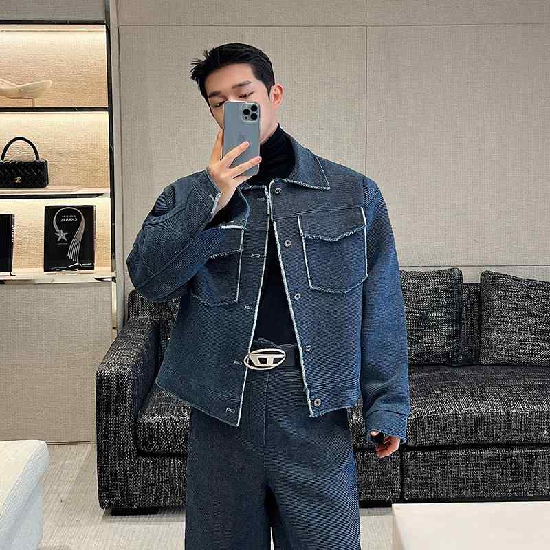 ジャケット メンズ 秋 かっこいい シルエット デニム ウォッシュ 加工 切りっぱし ショルダーパッド ハイエンド ショート トップス