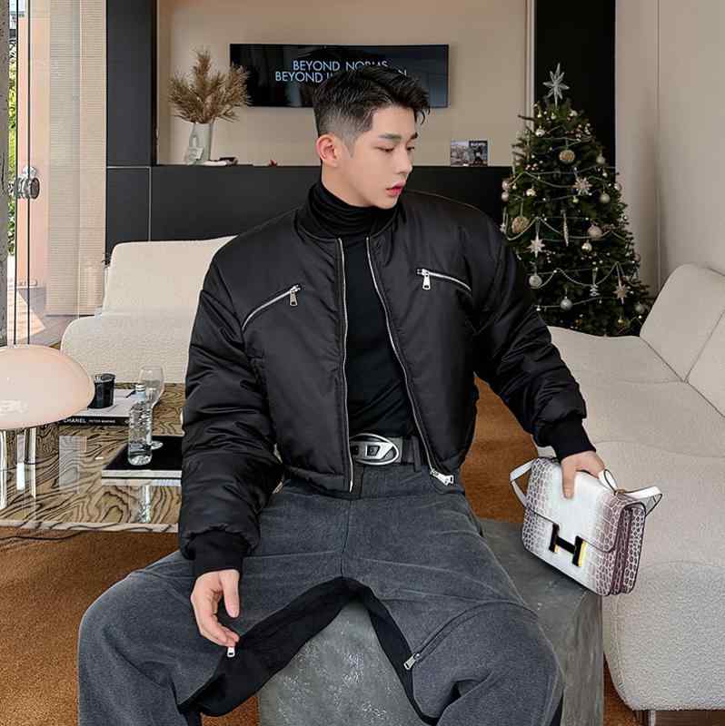 ジャケット メンズ コットン かっこいい 機能的 厚手 ジッパー 作業着 ドローストリング ショート 野球 ユニフォーム ラウンドネック(4)