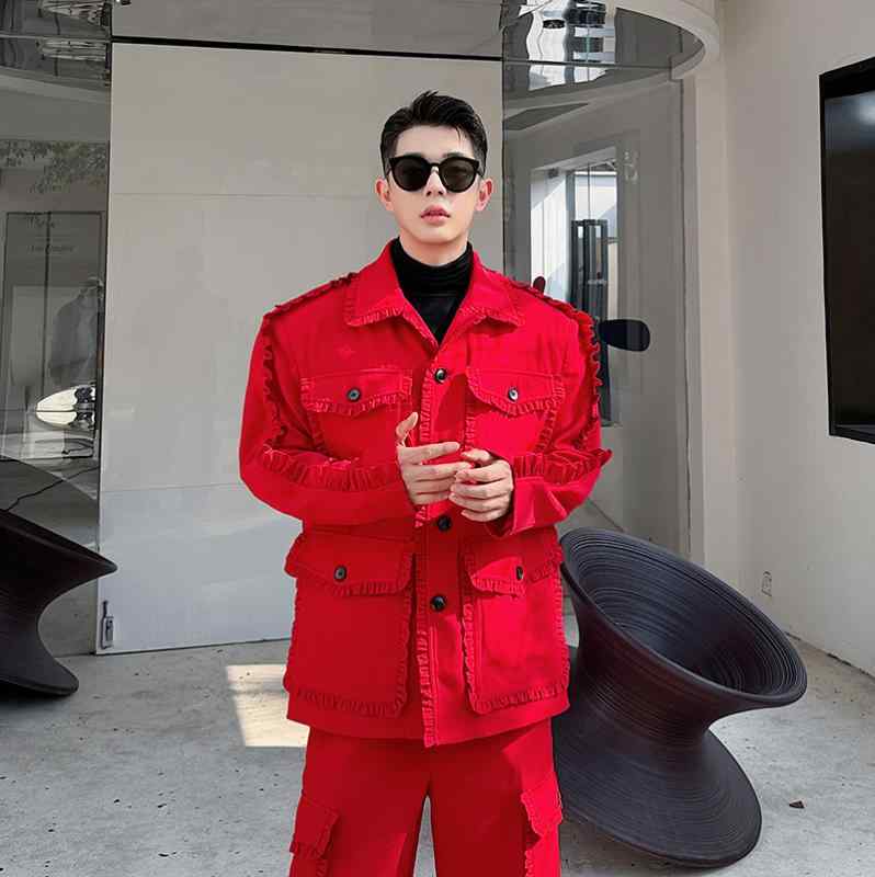 ジャケット メンズ 多く ポケット イヤリング センス ワイド レッグ ハイエンド ストリート レッド スーツ 2点 セット