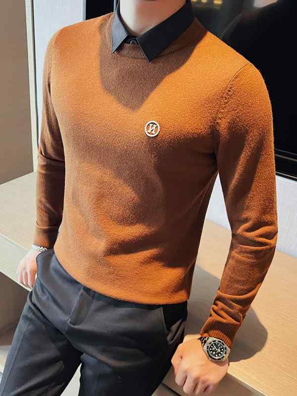 シャツ メンズ 秋 冬 カジュアル 長袖 ニット フェイク ツーピース 襟 セーター ハイエンド ビジネス スリム ボトム