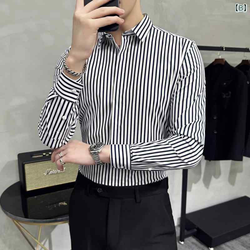 シャツ メンズ 春 カジュアル 長袖 トップス おしゃれ 高級 ストライプ 新 スリムフィット ダーク 前立て ビジネス