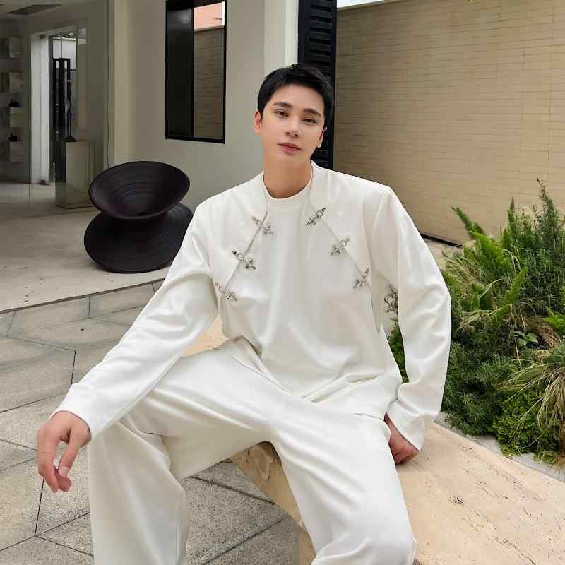 シャツ メンズ 秋 カジュアル 長袖 トップス メタル バックル ラウンドネック t プルオーバー スウェット 無地