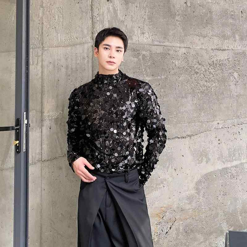 シャツ メンズ 秋 長袖 トップス 韓国 スパンコール スタンドカラー T 男性 ハイエンド スリムフィット