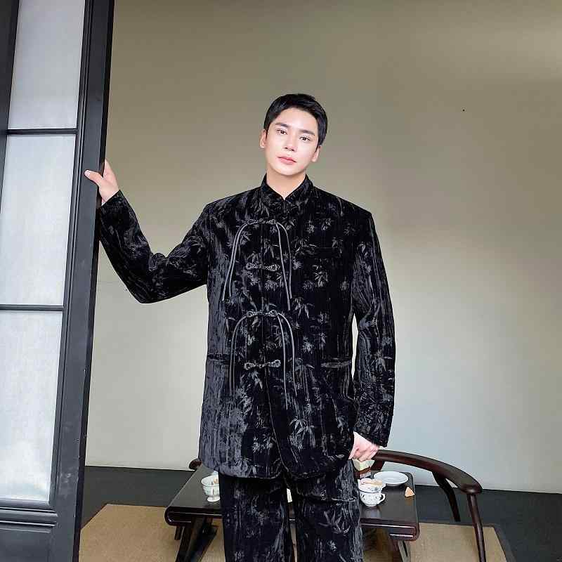 ジャケット メンズ 秋 中華風 中華風 スーツ ベルベット プリーツ スタンドカラー ボタン ズボン レトロ ツーピース セット ジャケット メンズ 秋 中華風 中華風 スーツ ベルベット プリーツ スタンドカラー ボタン ズボン レトロ ツーピース セット