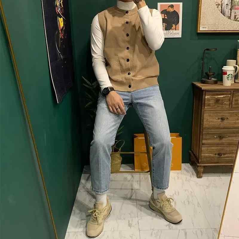 メンズ 秋 カジュアル ニット ベスト 文学 レトロ カーディガン セーター 韓国 スリム スーツ ベスト ソリッドカラー ベスト