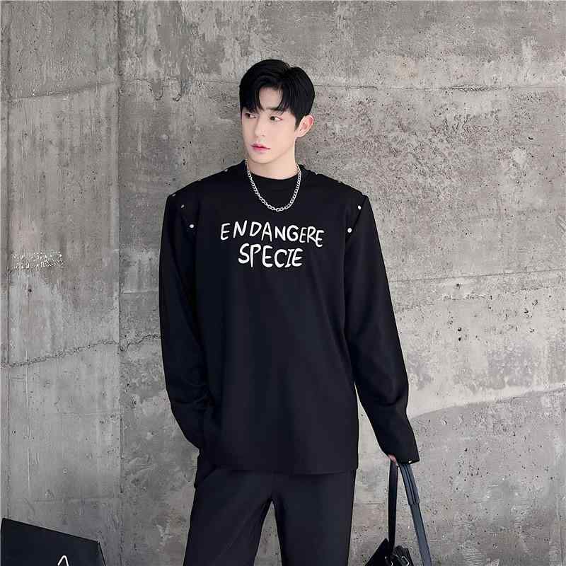 メンズ 秋 ラウンドネック トレーナー 韓国 文字 シルバー 刺繍 ショルダーパッド プルオーバー トップス