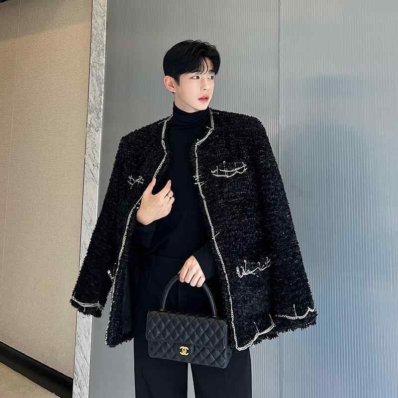 ジャケット メンズ 冬 かっこいい ラウンドネック 韓国 チェーン ピン 小い フレグランス トップス
