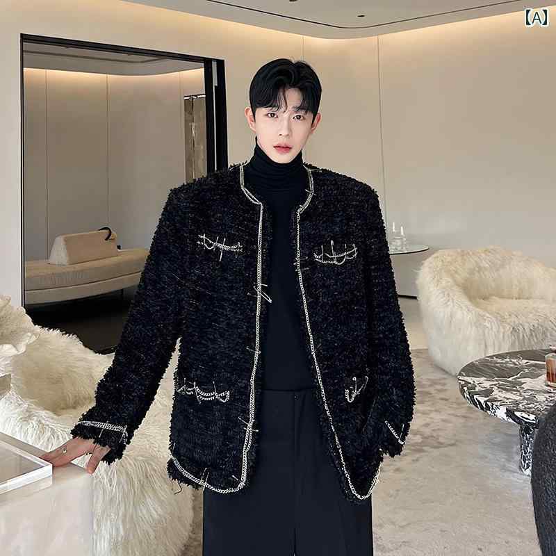 ジャケット メンズ 冬 かっこいい ラウンドネック 韓国 チェーン ピン 小い フレグランス トップス