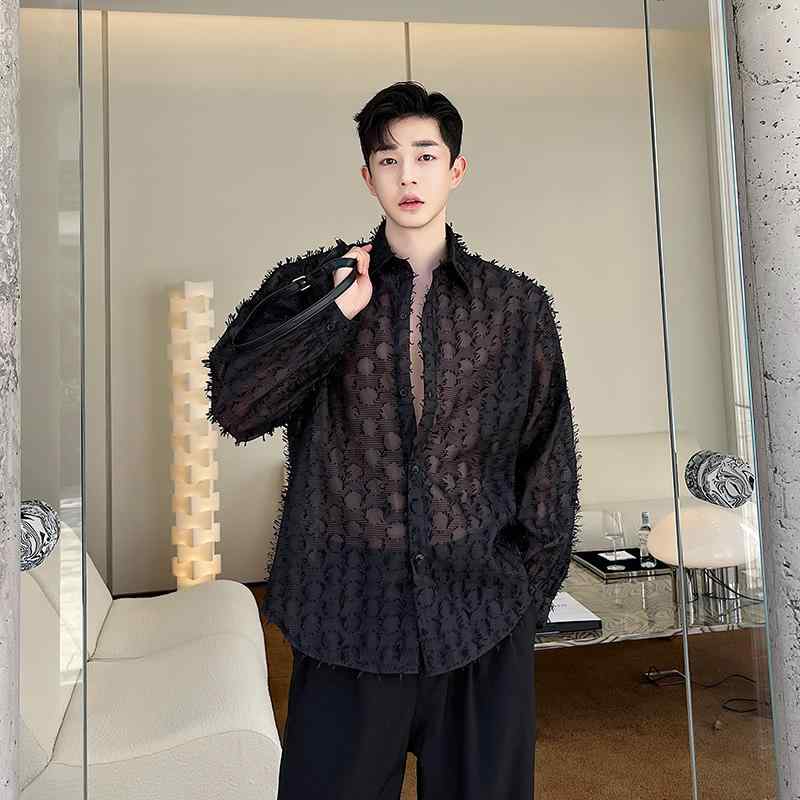 シャツ メンズ 長袖 シアー 透明感 シック 韓国 毛皮 メッシュ シースルー ハイエンド