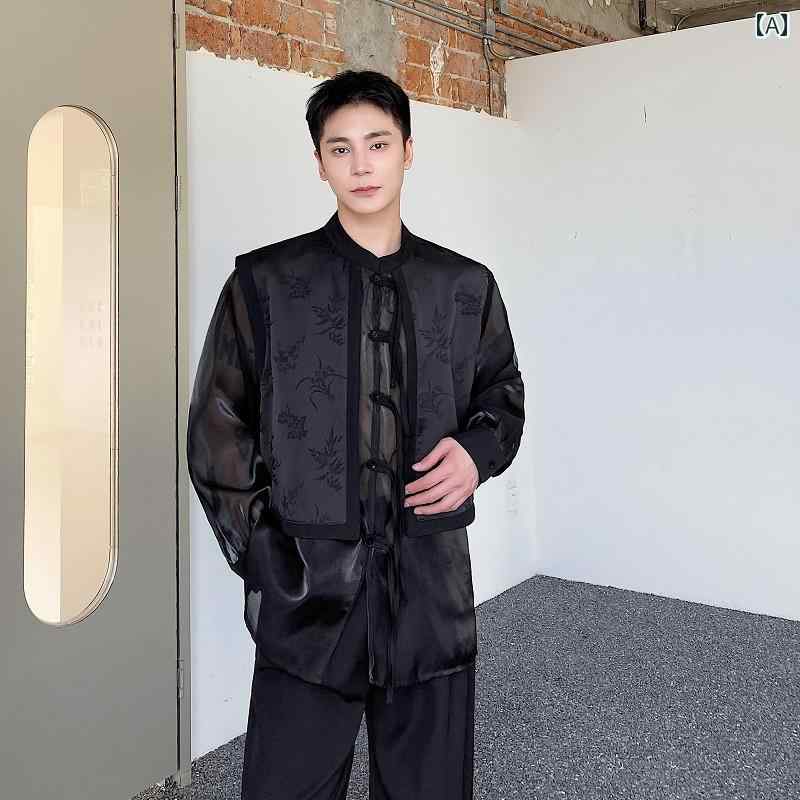 シャツ メンズ 夏 長袖 トップス おしゃれ 中国 男性 中華風 フェイク ツーピース スタンドカラー 錦織 ジャカード 薄手オー ガンザ