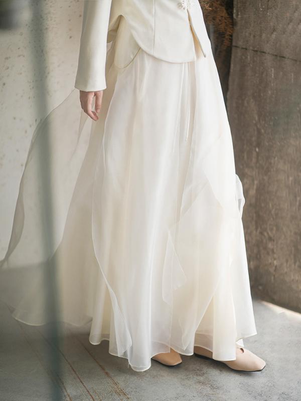 スカート 秋 冬 エレガント フェアリー メッシュ 新 白 ハイウエスト 新 中華風 レトロ ロング