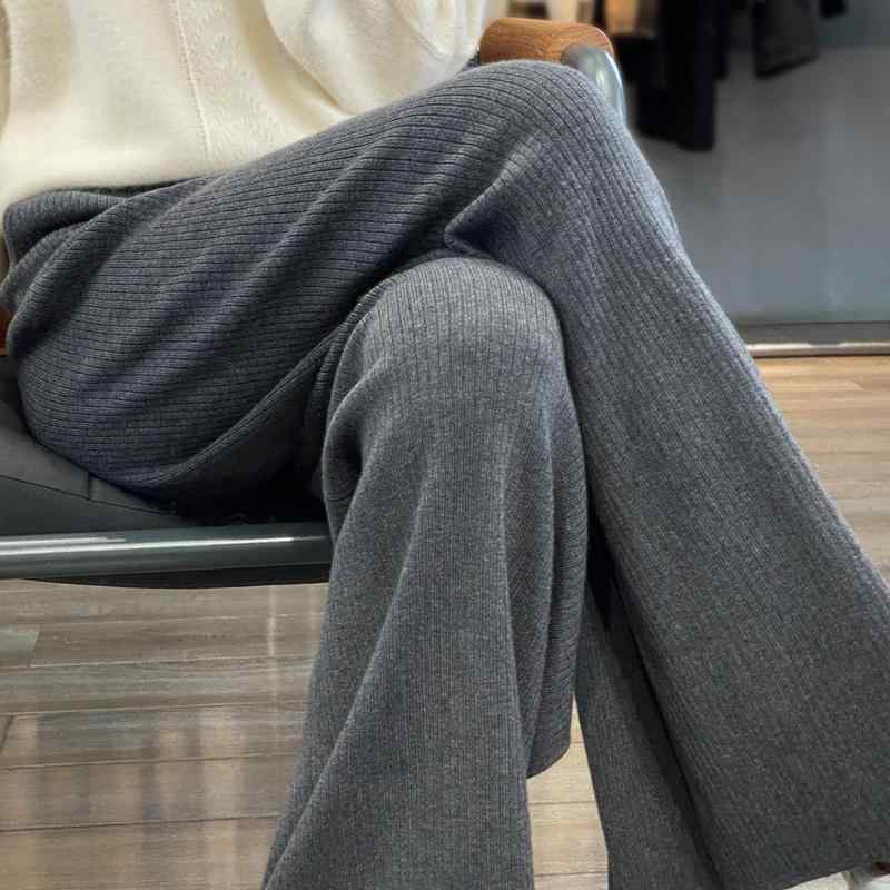 レディース 秋 冬 カジュアル ニット ウール ボトムス ワイド レッグ 女性 100% ドレープ ストレート