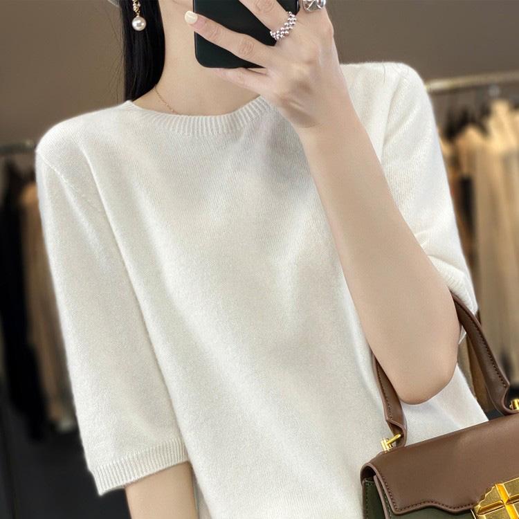 Other - シャツ レディース 春 夏 ニット ウール トップス 100% % 半袖 ラウンドネック 女性用 半袖 七分袖 T 女性用 シンプル