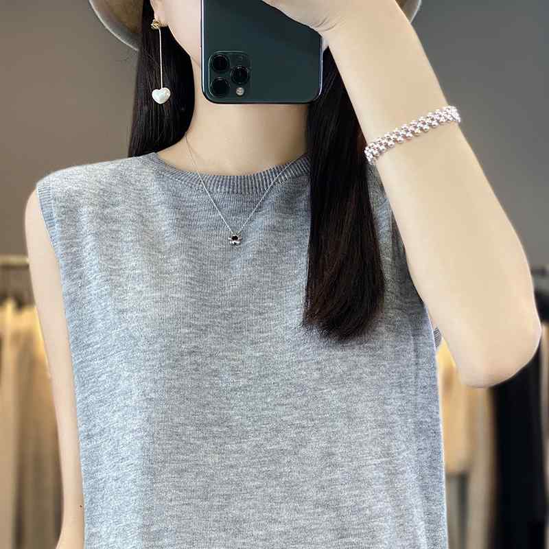 シャツ レディース ニット ウール トップス ソリッドカラー ロー ラウンドネックノースリーブ T サスペンダー ワン ライン 既製 薄 打底 ベスト 女性用