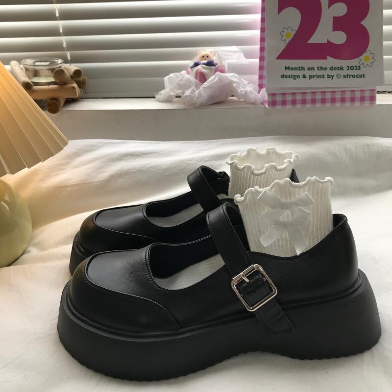 レディース 秋 春 レザー シューズ 大きい つま先 スポンジケーキ 厚底 メリージェーン シングル シュ..