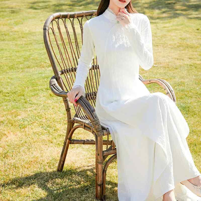 ドレス 秋 春 ニット チャイナ 中国 レトロ 女性 白 アオザイ スリムフィット チャイナ 茶 ロング