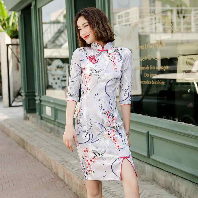 ドレス 秋 春 チャイナ エレガント 美しい 撮影衣装 ショート 四 辺 弾性 優雅 ミッド スリーブ フレッシュ ガーリー スリム デイリー