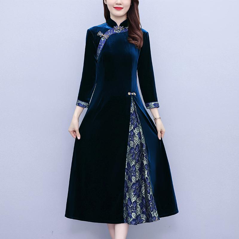 ドレス 秋 冬 中華風 女性 アオザイ チャイナ 若々しい ハイエンド 幅広 妻 金 ベルベット