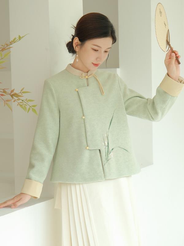 コート 冬 ウール 斜め 襟 ボタン 中華風 婦人服 唐服 トップス 漢服 瞑想 茶道 スーツ 用 スーツ