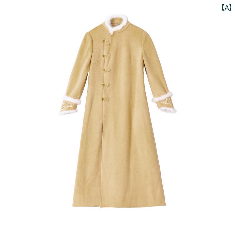 ドレス レディース 秋 冬 ウール ファッション エスニック チャイナ 女性 スタンドカラー トップス レトロ プレート バックル 厚手 瞑想 茶 スーツ 女性 2