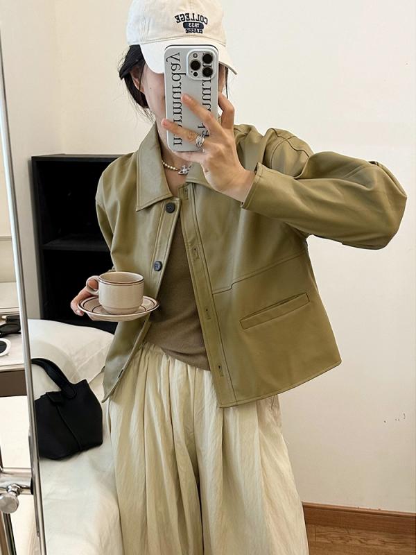 ジャケット 秋 春 レトロ シルエット 革 衣類 女性 Pu レザー 小型 オートバイ トップス ショート