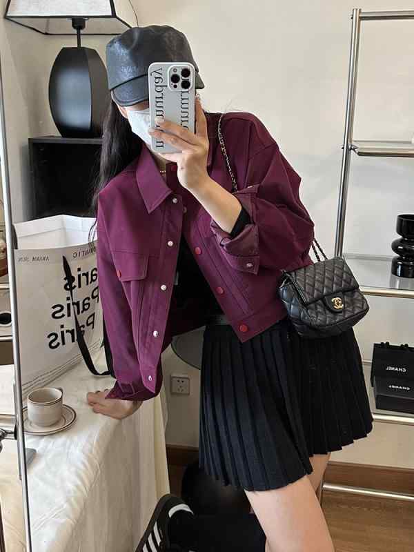 ジャケット カジュアル 小さい 女子 ショート レザー スリム レザー 23 ウォッシュ レザー パープル ショート トップス