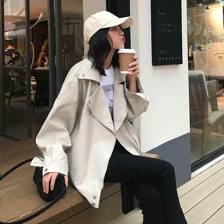 ジャケット 女性用 PU レザー オフ ホワイト スーパー ホット 韓国 スリム BF スーツ カラー モーターサイクルレザー