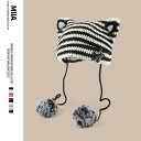 ニット ウール 帽 Yabi Feng ウサギ 毛皮 ボール ストライプ 恋人 猫 耳 帽子 女性 帽子