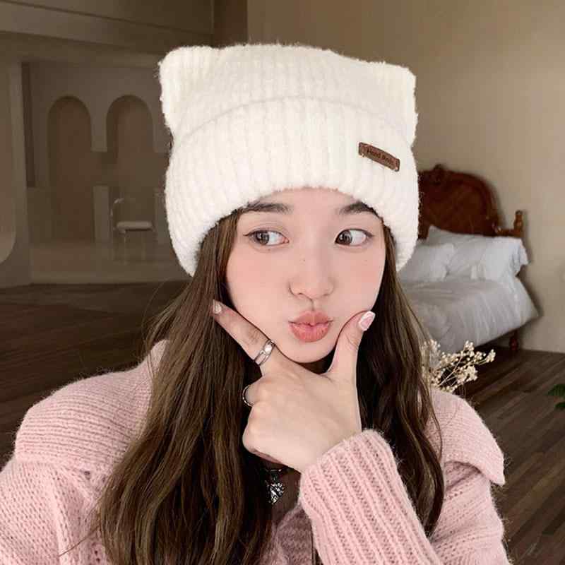 秋 冬 カジュアル ニット ウール 帽 韓国 かわいい 耳 帽子 女性 厚く 暖かい 耳保護 ショッピング 帽子