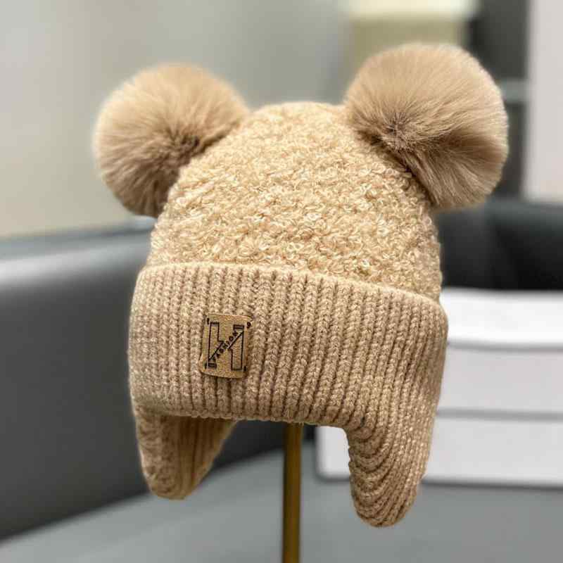 秋 冬 ニット ウール 帽 かわいい ファーボール 帽子 女性 厚手 暖かい 耳保護 頭...