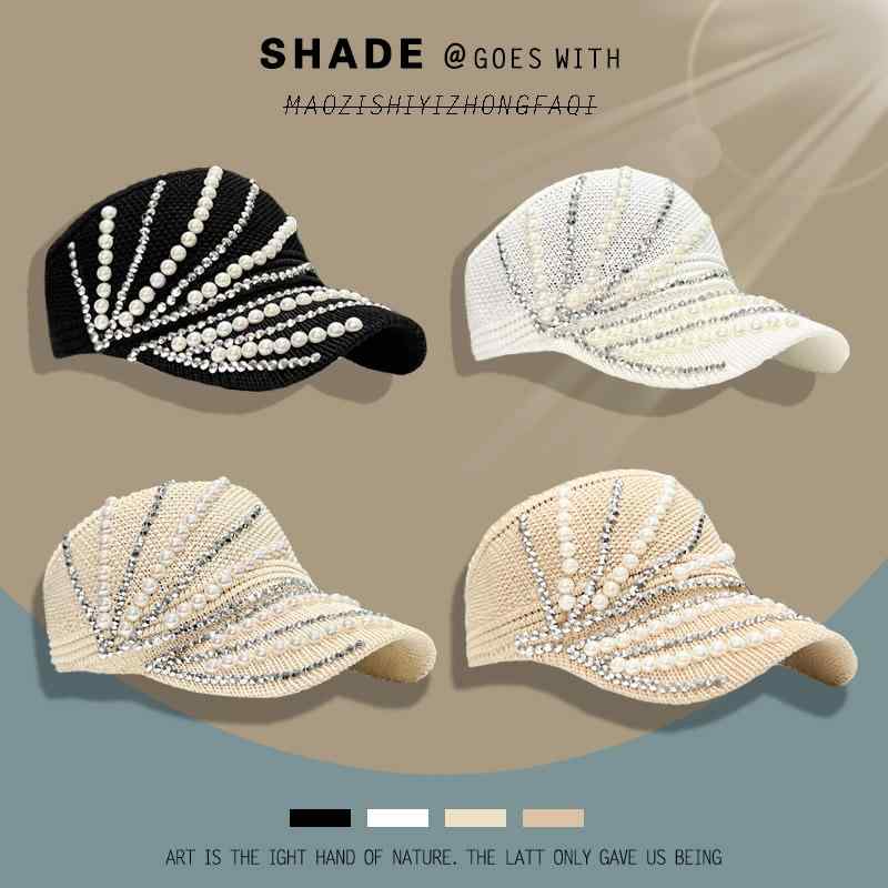 夏 ニット 帽 韓国 ファッション 散りばめ パール トップレス 帽子 女性用 日よけ 通気性 トップ ピークド キャップ