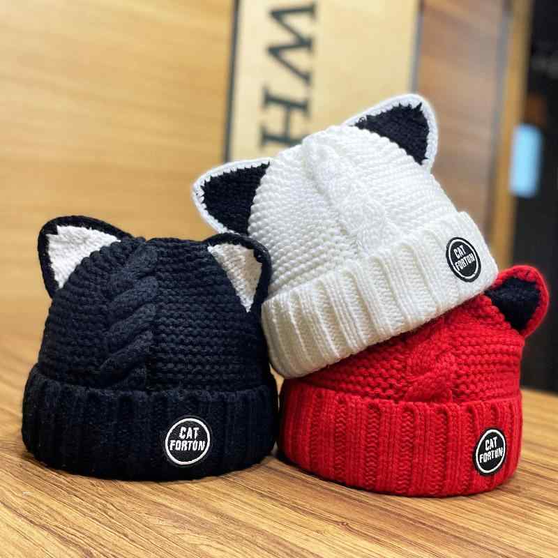 冬 ニット ウール 帽 甘くて かわいい 猫 耳 ラベル 女性用 帽 ベルベット 暖かく 汎用性高 さ 帽子