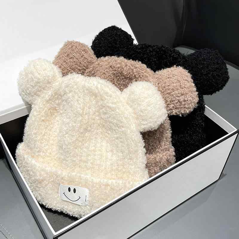 秋 冬 ニット ウール 帽 かわいい 笑顔 プルオーバー 帽子 耳 ラム 帽子 女性 暖かい