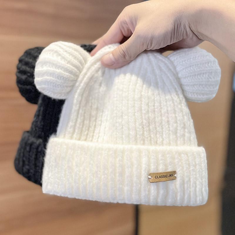秋 冬 ニット ウール 帽 女性 かわいい ファーボール 耳 帽子 韓国 暖かい 和風 トゥ キャップ す