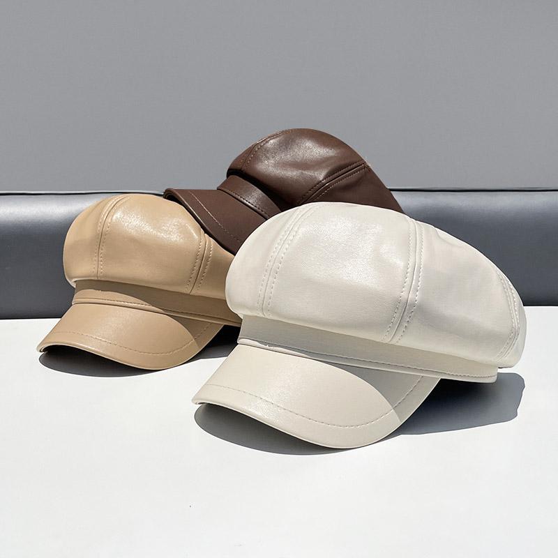 秋 冬 キャスケット帽 韓国 PU ソフトレザー 小さい 八角形 女性用 帽子 イギリス レトロ 画家 キャスケット 帽子