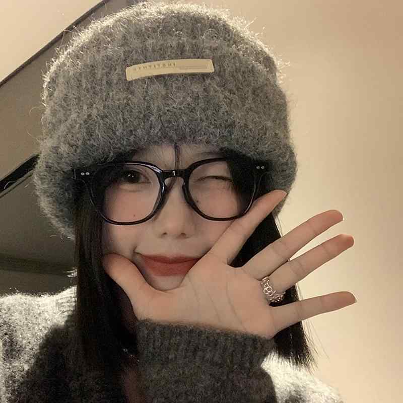 秋 冬 ニット ウール 帽 女性用 入り 帽 和風大 頭囲 小顔 小さめ 暖かい パイル 帽子 グレー 帽子